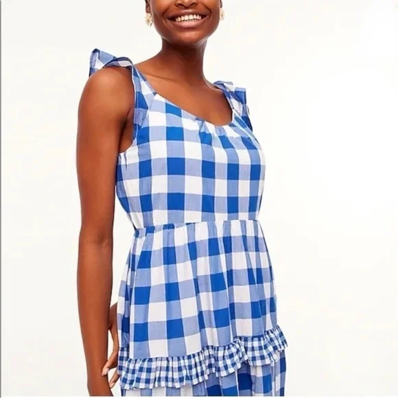 J.Crew Flutter-Sleeve Ruffle-Tiered Midi Dress Gingham Combo Blue White Size XL - Picture 2 of 14